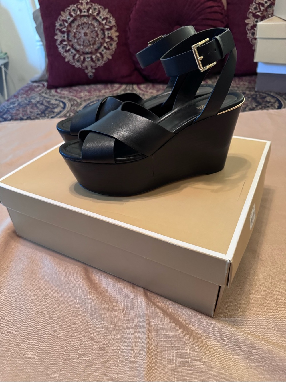 Michael Kors Black Leather Platform Wedge Sandals with Gold Buckle - Picture 6 of 7
